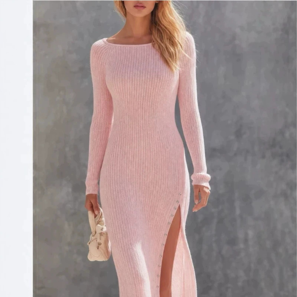 H&M   Retro Elegant Pink Boat Neck Long Sleeve Slit Maxi Dress
